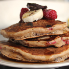 dark chocolate raspberry and banana wholewheat pancakes