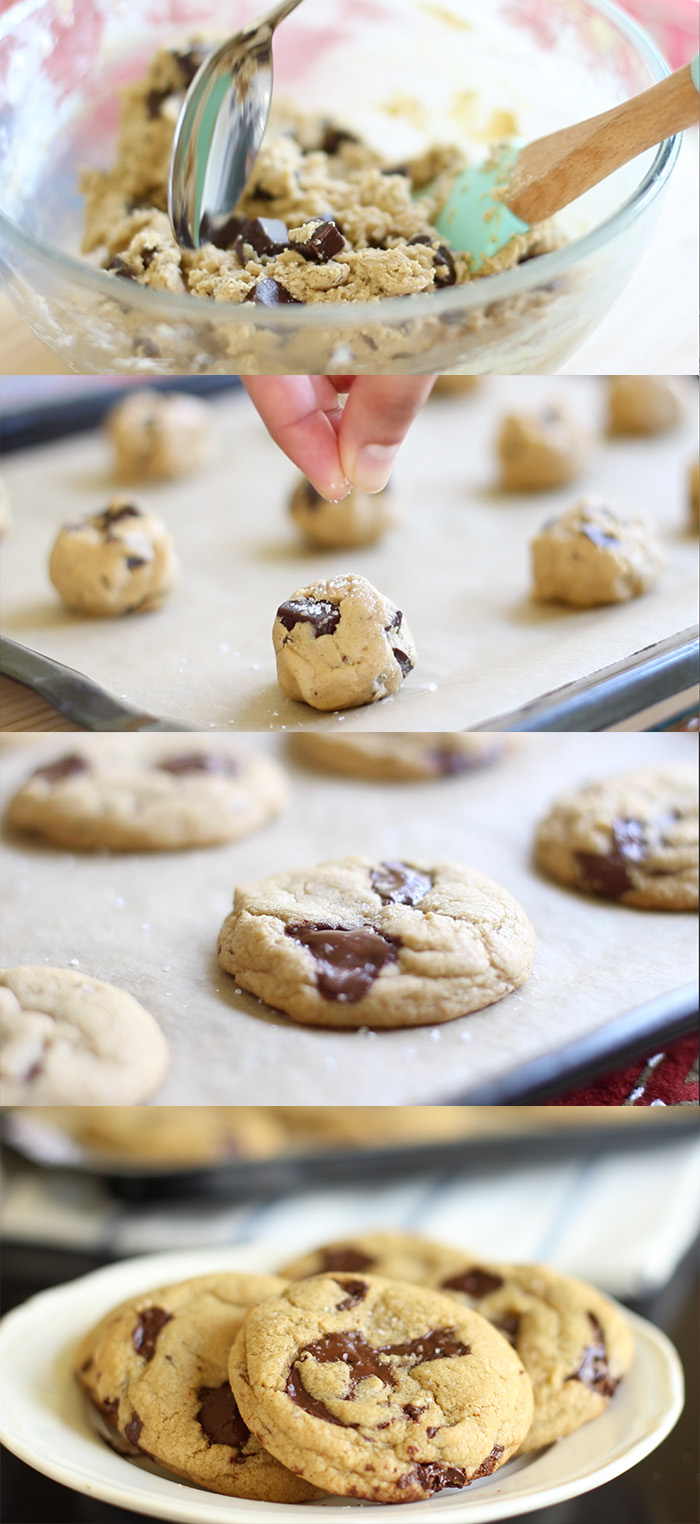 A long image comprising four step-by-step pictures. One with the dough, one with the cookie balls, one with the baked cookies and the final of a plate with the cookies.