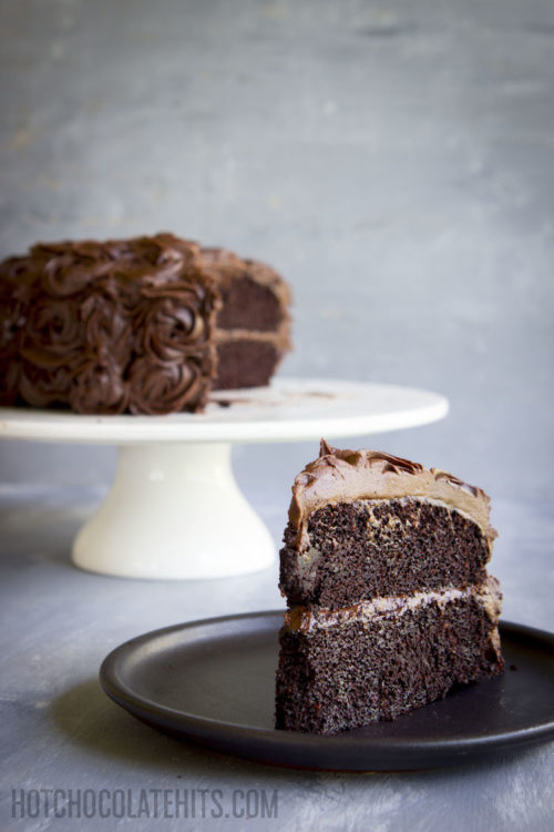 a slice of dark, decadent vegan chocolate cake