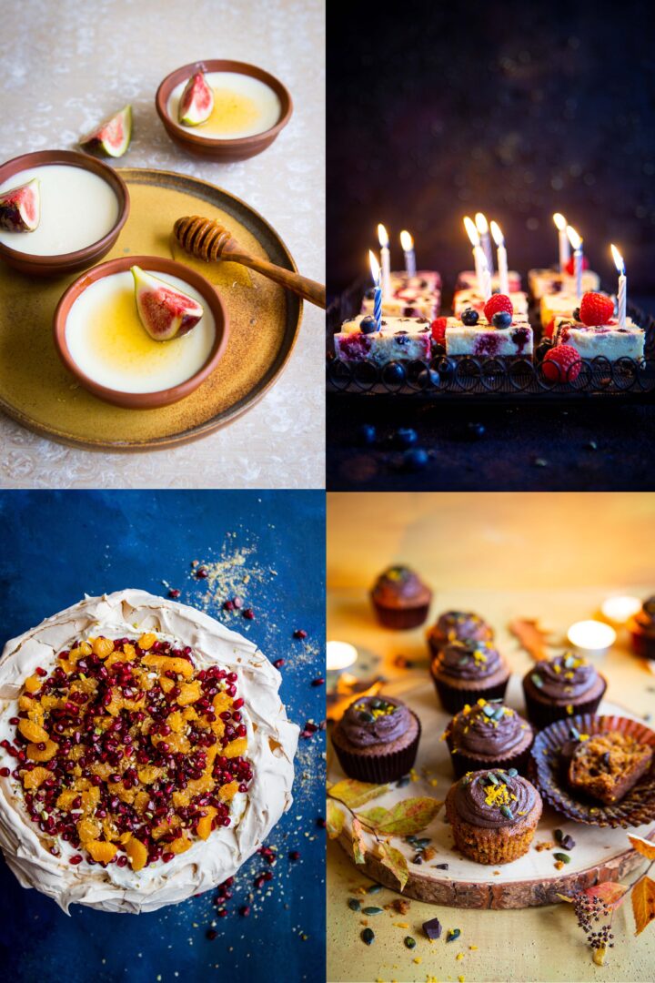 a picture showing four pictures from the cookbook. Cupcakes, a pavlova, cheesecake brownies and baked yogurt.