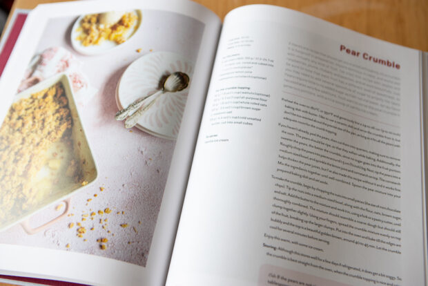 A picture of the pear crumble recipe in my cookbook, 52 Weeks 52 Sweets