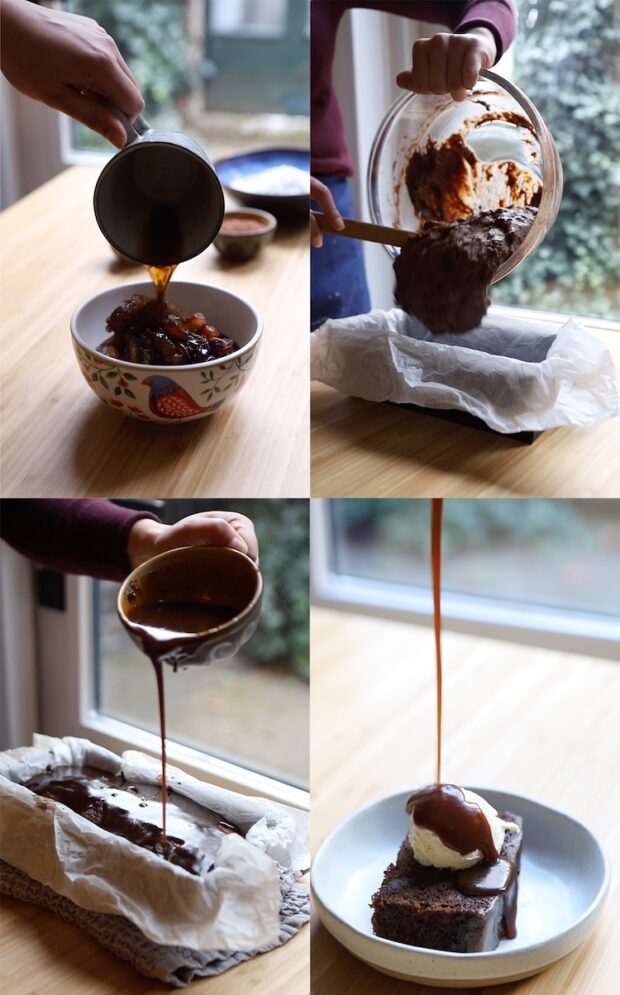four different shots of the process of making sticky toffee pudding